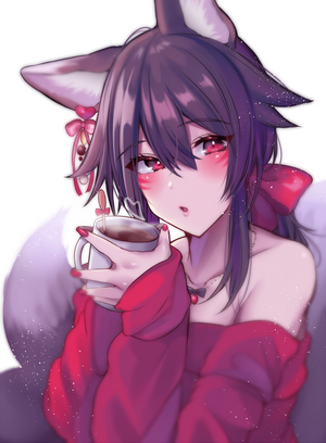 Anime girl with fox ears holding a cup of hot chocolate