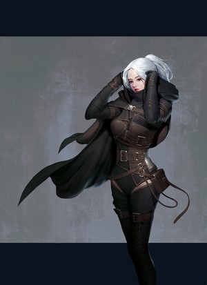 Fantasy girl with white hair in black and brown outfit