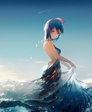 Anime girl with blue hair in the sea