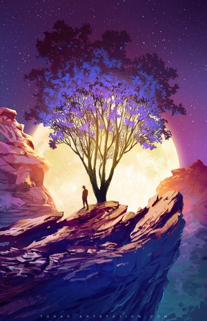 Man standing on rocks under a violet tree and moon