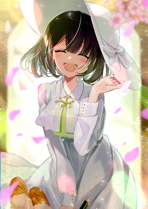 Anime girl in white dress and hat with bread