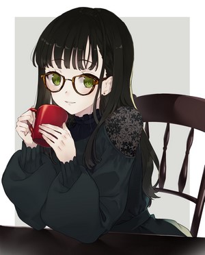 Anime girl with glasses holding a mug
