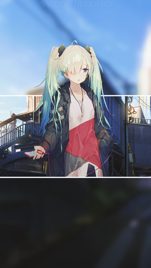 Anime girl with pigtails and headphones in urban setting