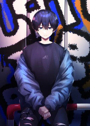 Anime Boy with Blue Hair and Torn Jeans