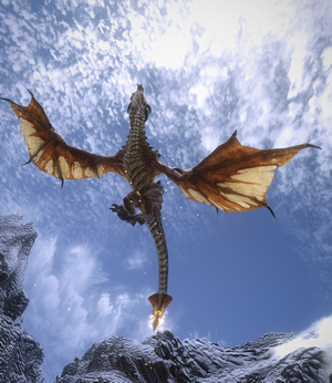 Dragon flying over snowy mountains in Skyrim