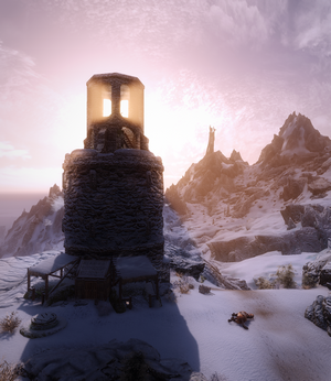 The Elder Scrolls V: Skyrim tower in snowy mountains