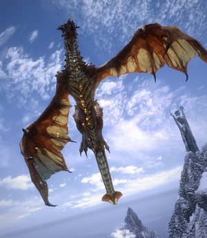 Dragon flying over snowy mountains in The Elder Scrolls V: Skyrim
