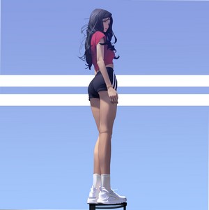 Anime girl with black hair wearing shorts