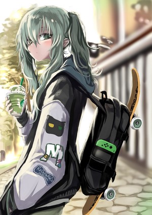 Anime girl with pigtails holding a Starbucks drink and a skateboard