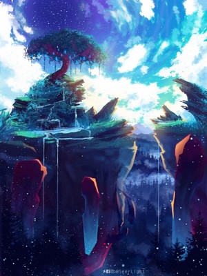 Fantasy landscape with a tree and waterfalls