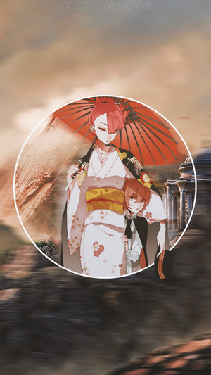 Anime girls in kimonos with umbrella
