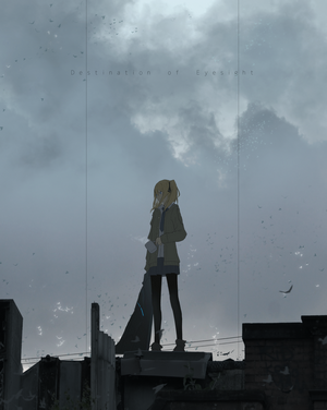 Anime girl with blonde hair on a rooftop