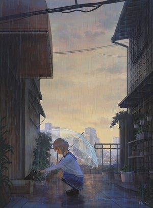 Girl with umbrella petting a cat in the rain