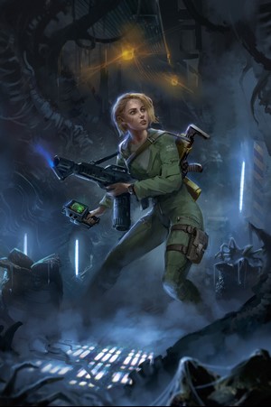 Woman with flamethrower in a dark, alien environment