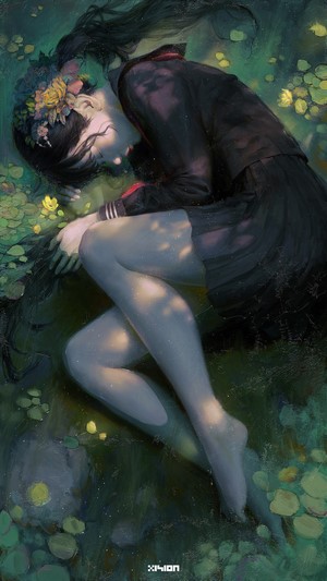 Girl in school uniform sleeping among lily pads
