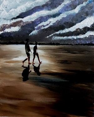 Two figures walk on a beach under a stormy sky