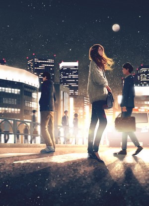 Anime couple walking on a city street at night