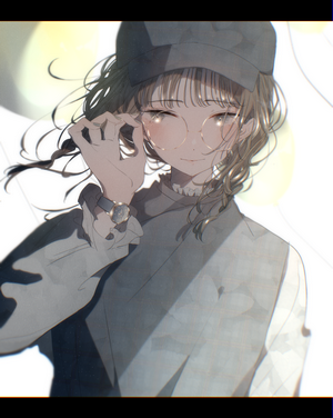 Anime girl with glasses and hat in wind