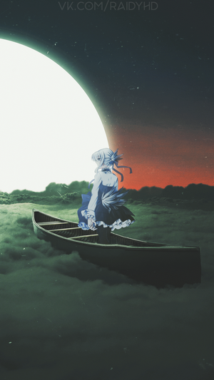 Anime girl in a boat under a large moon