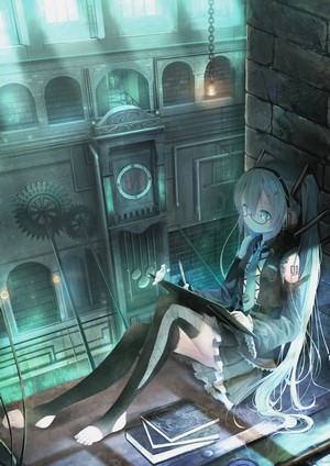 Hatsune Miku from Vocaloid in a steampunk library