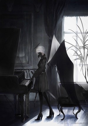 Anime girl with wings playing piano