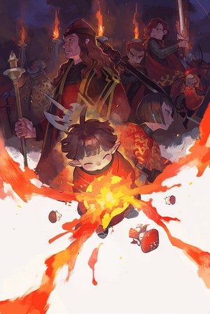 Fantasy art of a child holding fire with warriors behind