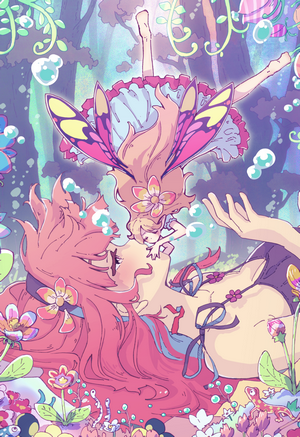 Two anime girls with butterfly wings in a forest