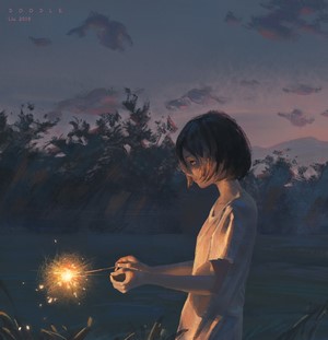 Anime girl with sparkler at dusk