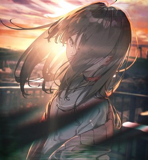 Anime girl with long hair at sunset