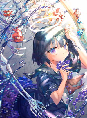 Anime girl with halo and skeleton surrounded by flowers