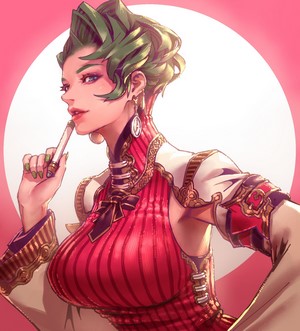 Anime girl with green hair holding a cigarette