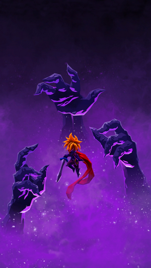 A warrior with orange hair and a red cape fights dark hands