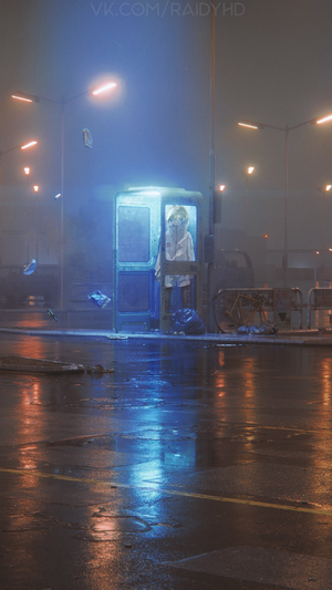 Anime character in a phone booth at night