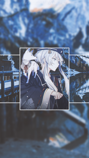 Anime girl with white hair and fox in snowy landscape