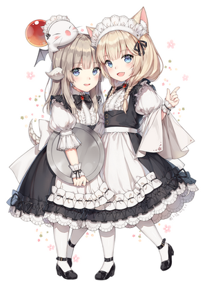 Two anime girls in maid outfits, one with cat ears