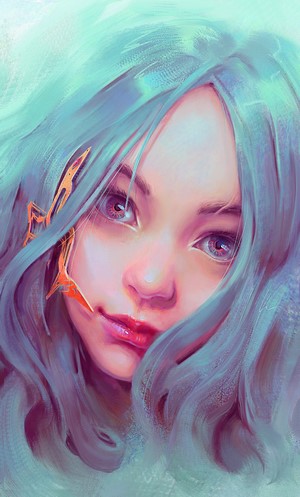 Digital Painting, Digital Art, Face, Women, Cyan, Red Lipstick, Anime 