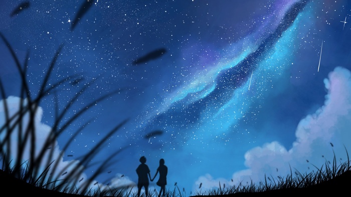 Couple holding hands under a starry sky with the Milky Way