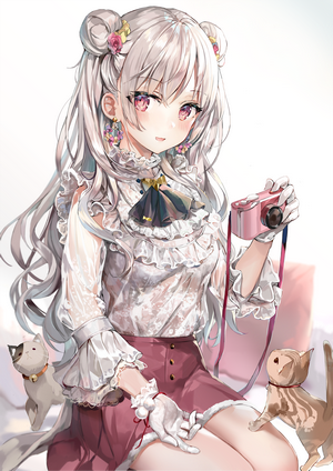 Anime girl with white hair holding a pink camera with cats