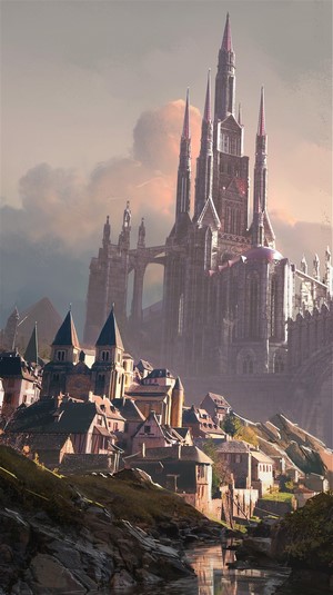 Fantasy village and castle with spires