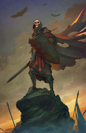 Skeleton warrior with sword and shield on a rock