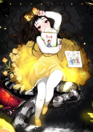 Anime girl in yellow dress holding a book
