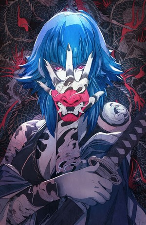Anime girl with blue hair and mask holding a sword