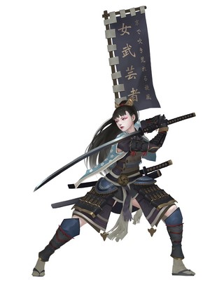 Anime girl samurai with banner and swords