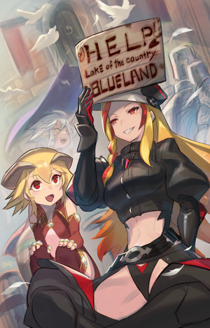 Anime girls holding a HELP sign in Pixiv Fantasia