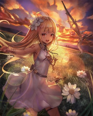 Anime girl with blonde hair and dragon at sunset