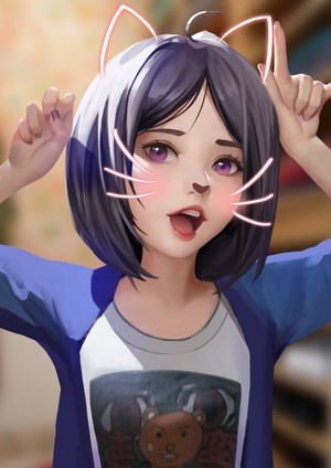 Anime girl with cat ears and purple eyes