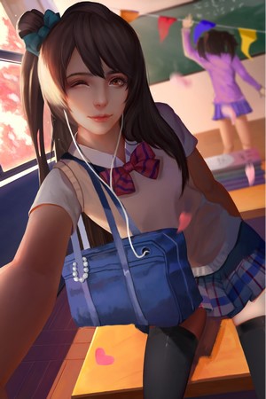 Schoolgirl taking a selfie in a classroom
