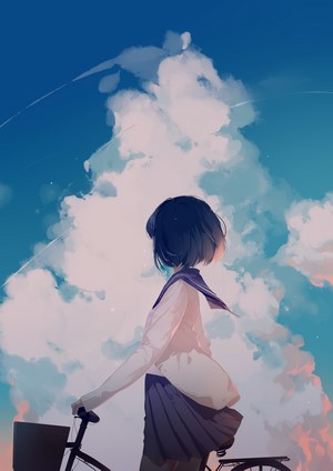 Anime girl in school uniform with a bicycle under the sky
