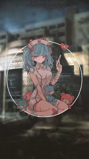 Anime girl nurse with teddy bears and syringe