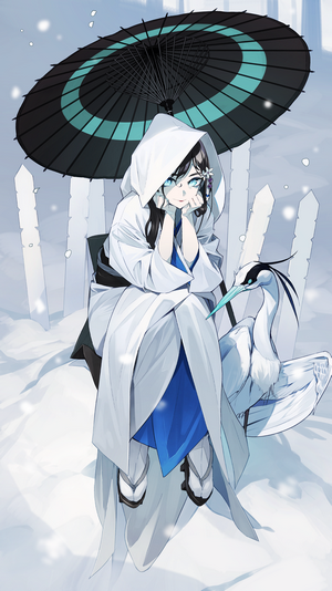 Anime girl in white kimono with umbrella and crane